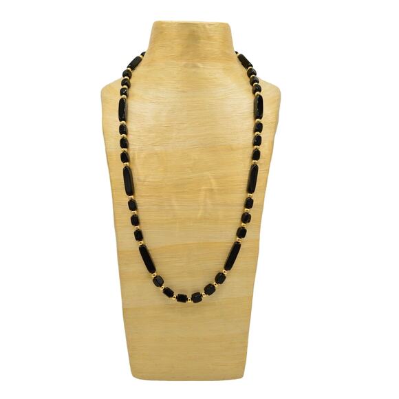 Trifari Black Beaded Necklace Statement Gold Geometric 32" Vintage Signed BinR - Picture 1 of 10